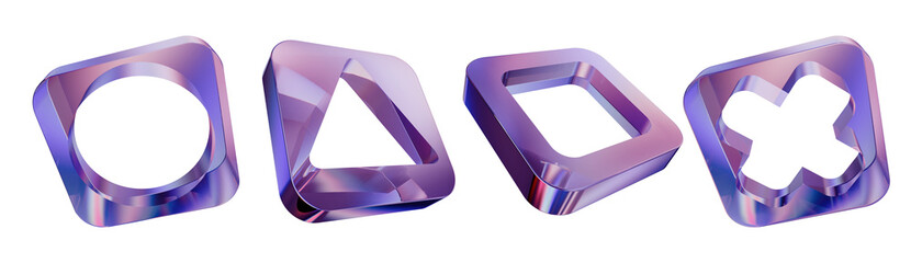 3D crystal controller buttons, acrylic purple transparent game objects futuristic abstract shape set. Gamer joystick trendy glossy forms UI geometric plastic flying ice tiles. Glass 3D controller icon © Oleksandra