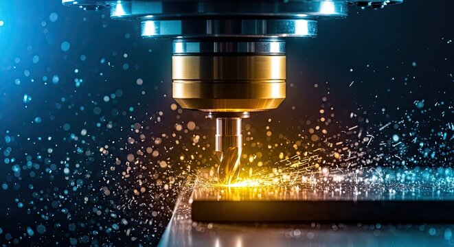 Precision metal milling machine in action, sparks flying, industrial manufacturing process, close-up view