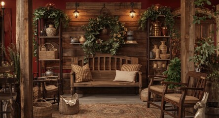 Fototapeta premium Rustic home interior featuring wooden bench and chairs with decorative accents in a warm red room