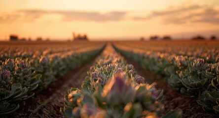 Expansive artichoke farmland glowing warmly in evening harvest light