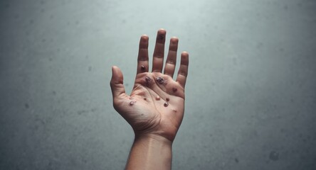Medical depiction of hand suffering from leprosy showing severe lesions on textured clinical floor