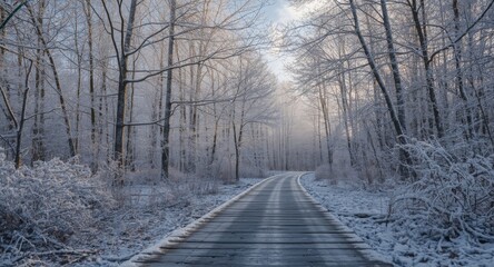 Serene snowy forest scene with wooden plank foreground and soft sunlight in winter