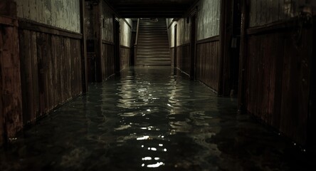 Building hallway submerged in water with wooden stairs and floor beneath flood