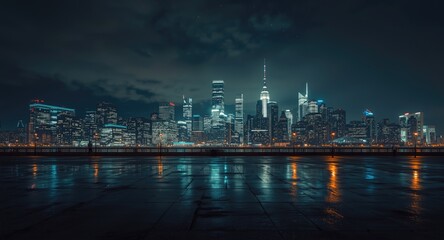 Fototapeta premium Night city skyline with illuminated windows and dark sky