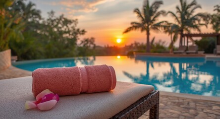 Obraz premium Relaxing spa setting with rolled towels and pink flower near swimming pool at sunset