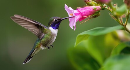 Fototapeta premium Sparkling violetear hummingbird feeding on nectar in natural habitat