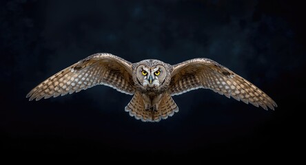 Imposing Bubo bubo owl soaring at night showing wing details and eye shine