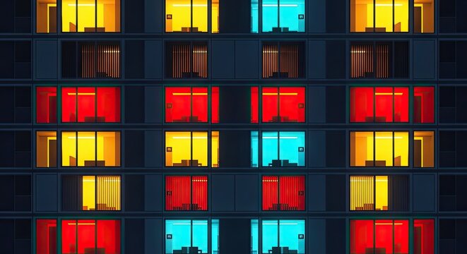 A colorful nighttime view of a building facade with vibrant window lights from inside, showcasing a dramatic urban landscape scene at dusk from outside