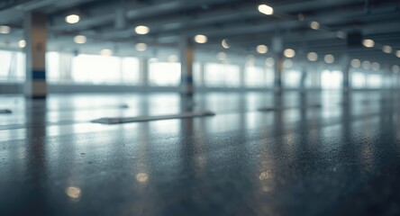 Fototapeta premium Calming modern indoor parking lot scene with glossy wet floor and softly blurred bokeh light backdrop