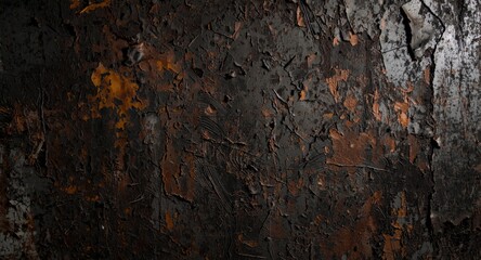 Rust covered textured surface with peeling black paint in an industrial background setting