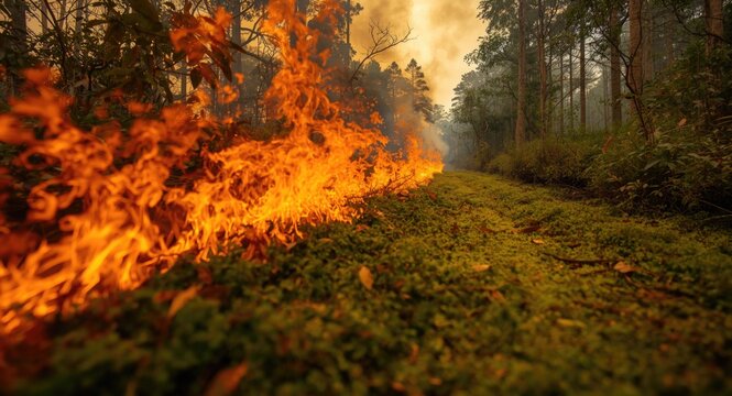 Strong wildfire line moving through mossy peat bog and rainforest understory