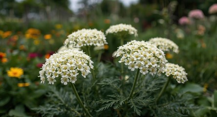 Tight framing of white flower clusters on Daucus carota within a carefully maintained vegetable garden
