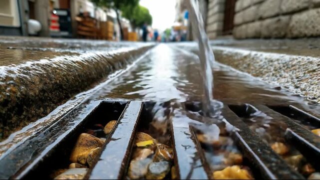 Urban Drainage System: Water flows into a street drain, emphasizing urban infrastructure, with focus on functionality and design within a city. 