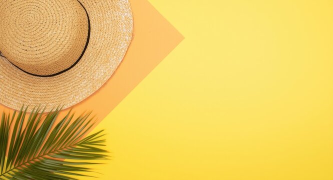 Summer vacation flat lay with straw sun hat and tropical palm fronds on colorful paper surface featuring copy space