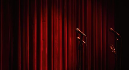 Performance stage with glowing red curtains and classic microphone equipment
