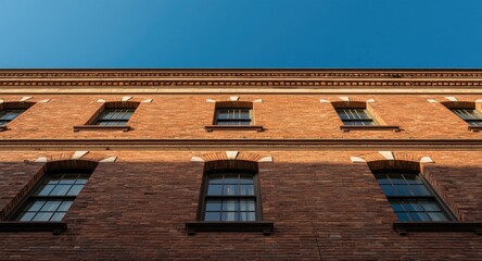 Obraz premium Brick building exterior enriched by several rectangular windows and intricate masonry