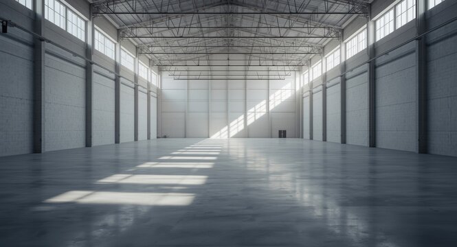 Wide open vacant warehouse featuring modern architecture and high clearance