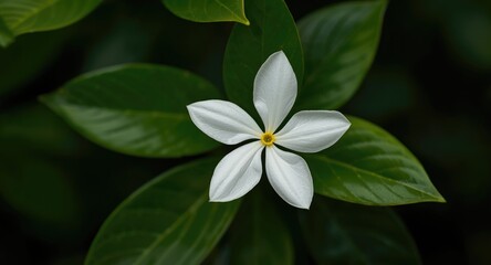 White jasmine floral subject with a backdrop of verdant green leaves