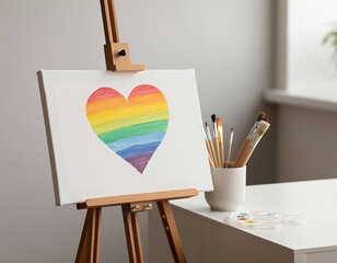 LGBT pride rainbow heart painted on canvas on easel, symbol of diversity and respect