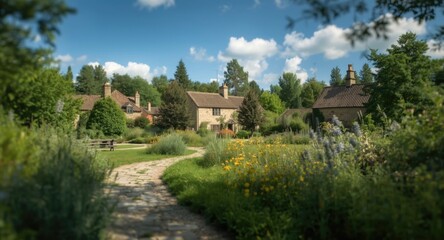 Fototapeta premium Serene countryside park featuring native plants surrounding village