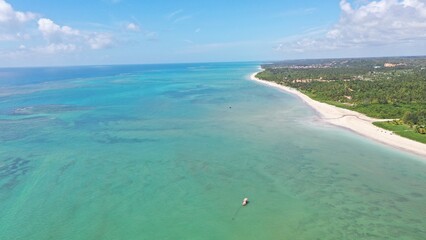 Aerial view of the calm and private beaches of Milagres route with turquoise water, white sand beach, coconut trees and a relaxing landscape. Milagres, Maceio city, Alagoas State, Brazil 