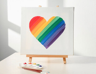 LGBT pride rainbow heart painted on canvas on easel, symbol of diversity and respect