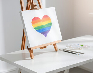 LGBT pride rainbow heart painted on canvas on easel, symbol of diversity and respect