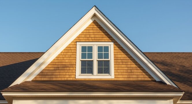 Dutch attic gable covered in tan shingles and shake siding with prominent double hung white framed windows