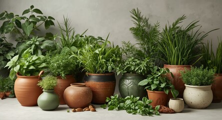 Fototapeta premium Selection of herb pots boosting interior green design elements