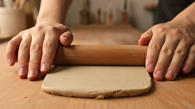 Rolling Out Smooth Clay on a Wooden Workbench