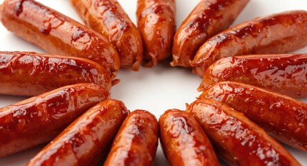 Close up of smoked sausage links on white background with vibrant colors ideal for food advertising
