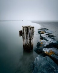 Fototapeta premium Serene Boat on Calm Water in Fog