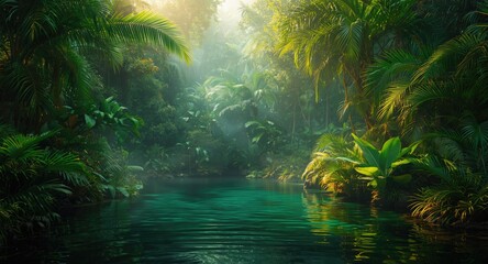Naklejka premium Tropical jungle game backdrop featuring serene pond and verdant palms