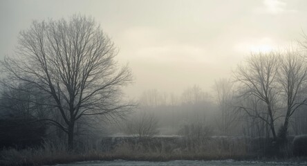 Winter backyard panorama with frosty trees and a subdued cloudy sky enhancing tranquility