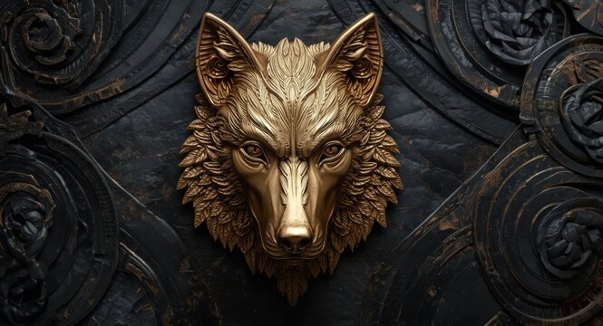 Wolf mask sculpture in gold finish set on a layered dark textured decorative background