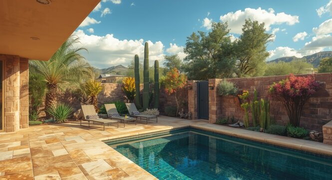 Modern home extension renovation featuring a travertine tile pool deck and desert inspired courtyard