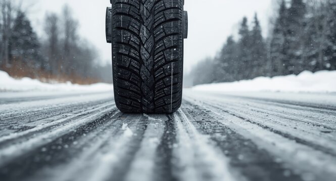 Close up of vehicle winter tires maintaining grip on icy snow road