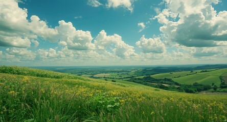 Fototapeta premium Scenic view of vibrant green fields beneath a cloudy blue sky