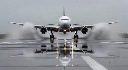 Obraz premium Impressive photo of the front of a plane taking off on a wet runway. 