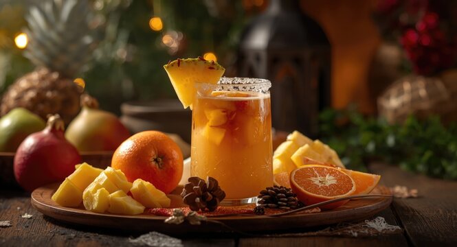 Mexican Ponche warm fruit drink with piloncillo and tropical fruit mix for Christmas