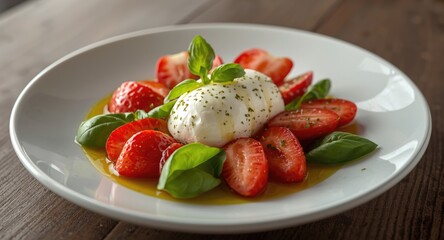 Gourmet caprese salad with sliced strawberries and smooth burrata