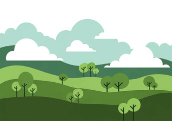 A serene landscape with rolling green hills, trees, and fluffy clouds in a pastel color palette, set against a clean white background for a Background Video.