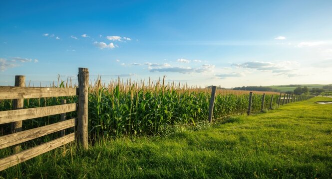 Old timber fence beside flourishing corn crop in peaceful country scenery