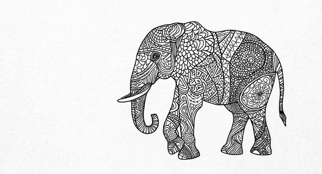 Whimsical zentangle elephant art for coloring book featuring a white and simple background