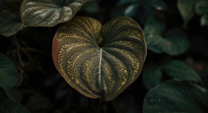 Close examination of Common Arum foliage textures amid dense leafy background