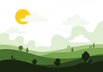 Fototapeta premium Animated background video of a serene landscape with rolling green hills, trees, and a sunny sky with clouds.