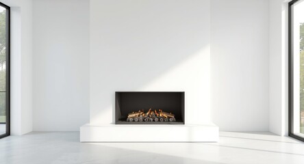 Naklejka premium Minimalist interior showcasing a modern fireplace and clean white walls