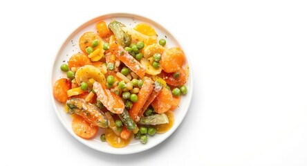 Frozen vegetable medley photographed from a top viewpoint