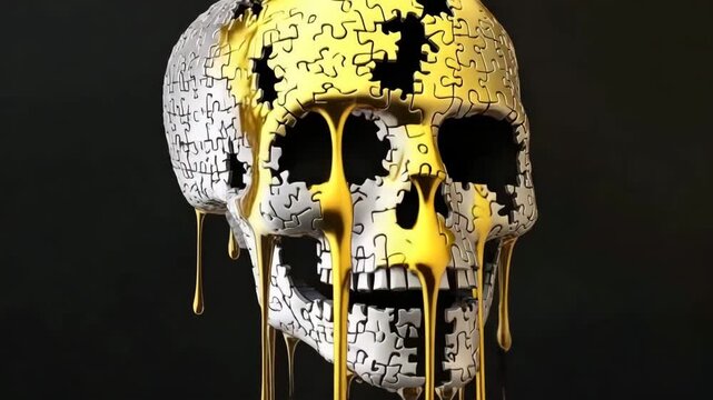 Melting puzzle skull with dripping pieces resembling flowing water