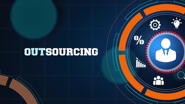 Global business outsourcing and international resource management strategy concept on a high tech digital blue background with glowing icons for professional success